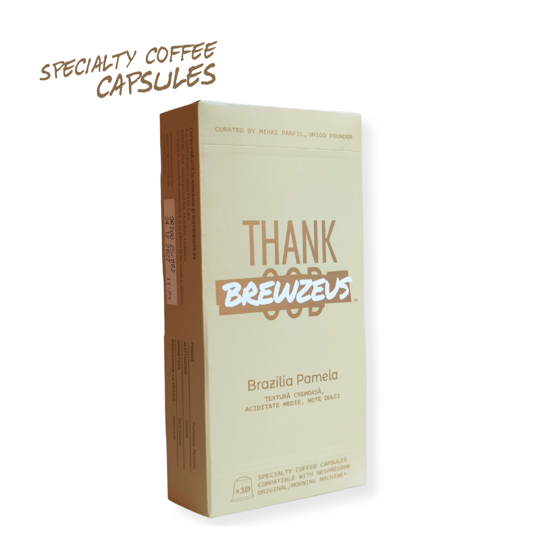 Capsule de cafea de specialitate compatibile cu aparatele Nespresso® Original și The Morning Machine. Cafea din Brazilia, prăjită mediu-dark, special pentru extracția în capsule, cu note de caramel, ciocolată și alune de pădure.