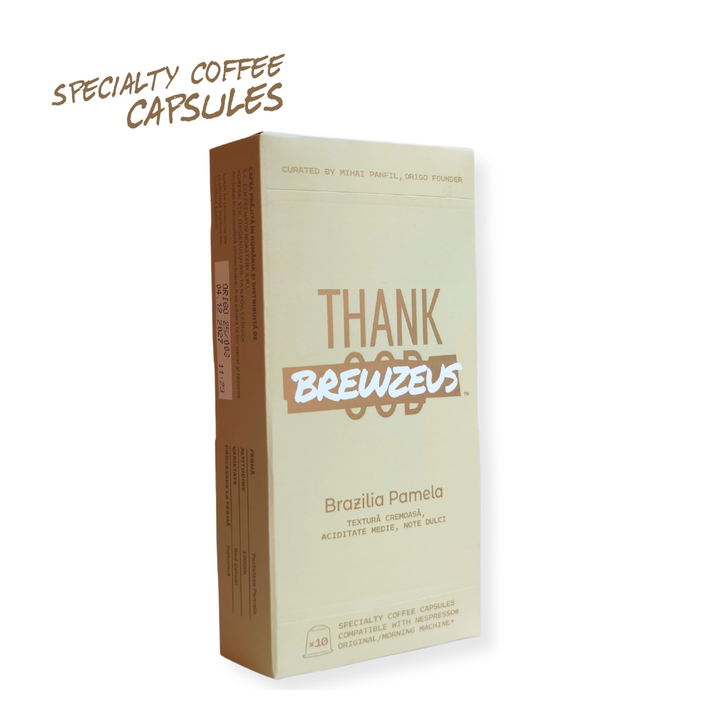 Capsule de cafea de specialitate compatibile cu aparatele Nespresso® Original și The Morning Machine. Cafea din Brazilia, prăjită mediu-dark, special pentru extracția în capsule, cu note de caramel, ciocolată și alune de pădure.